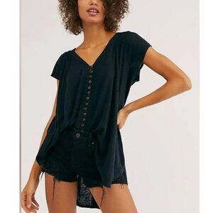 Free People Highland Oversized Tee Shirt Black Button Tunic Top